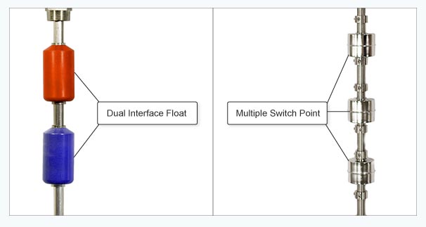 Two sensor types. One with dual interface floats, and the other with multiple switch points